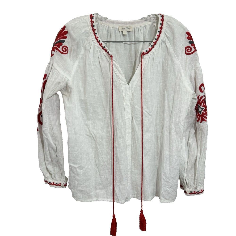 Velzera Womens  Top White Red Roses Long Sleeve Embroidered BOHO S‎